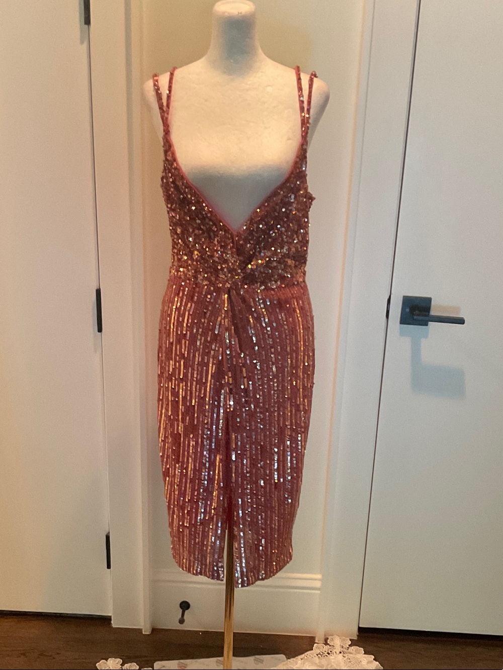 Rose Gold Sequin V-Neck Midi Dress